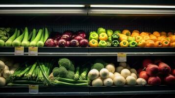 frisch Früchte und Gemüse Füllung Supermarkt Regale. generativ ai foto