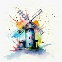 bunt Aquarell Gemälde von ein Windmühle foto
