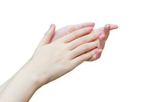 schön Frau Hand weiblich Hand bewirbt sich Lotion oder Hand Sahne zu Hand Pflege im Spa und Maniküre Konzept während isoliert auf Weiß Hintergrund.. foto