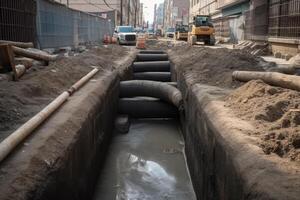 Drainage Rohre im ein Konstruktion Seite? ˅. Installation von Kanal Rohre. Stadt Straße Instandhaltung und Konstruktion, ai generiert foto