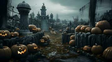 Halloween Friedhof mit Kürbisse. ai generiert foto