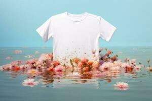 Weiß T-Shirt Attrappe, Lehrmodell, Simulation floatinf auf Wasser Oberfläche, ai generativ foto