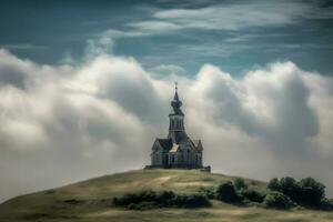 klassisch Kirche auf ein Himmel Insel bedeckt im Wolken ,generativ ai foto