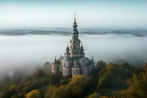 klassisch Kirche auf ein Himmel Insel bedeckt im Wolken ,generativ ai foto