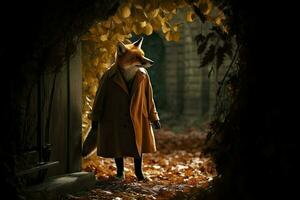 ai generiert gerissen Fuchs im ein Detektiv Graben Mantel taucht auf von ein Portal, bereit zu lösen ein Geheimnis. foto