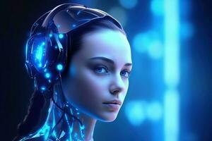 Illustration von ein Cyborg Frau und ai Technologie Hintergrund , ai generiert foto