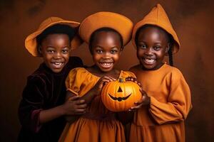 ein Illustration von Kinder tragen ein Halloween Kostüm , ai generiert foto