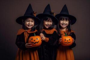 ein Illustration von Kinder tragen ein Halloween Kostüm , ai generiert foto