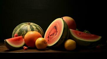 Frische von Sommer- saftig Melone Scheibe auf ein hölzern Tabelle generiert durch ai foto