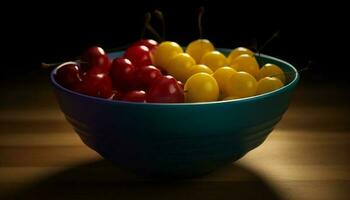 frisch organisch Obst Schüssel auf hölzern Tisch, ein gesund Gourmet Snack generiert durch ai foto