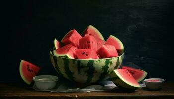 frisch Wassermelone Scheibe auf hölzern Tisch, ein gesund Sommer- Dessert generiert durch ai foto