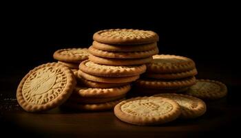 Frische und hausgemacht gebacken Waren, ein Stapel von Schokolade Chip Kekse generiert durch ai foto