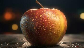 frisch Apfel, reif und saftig, Tropfen von Tau auf Blatt generiert durch ai foto