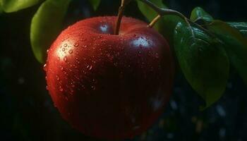 Obst Essen mit Blatt, Apfel, gesund Essen, reif, fallen generiert durch ai foto
