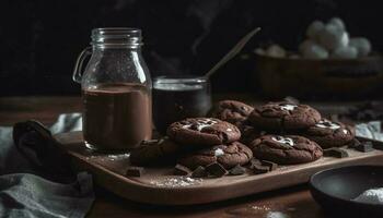 hausgemacht Schokolade Chip Kekse auf rustikal hölzern Tisch, unwiderstehlich Genuss generiert durch ai foto