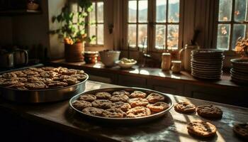 frisch gebacken Schokolade Chip Kekse im rustikal Küche generiert durch ai foto