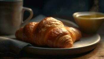 frisch Französisch Gebäck und Kaffee auf rustikal Tabelle generiert durch ai foto