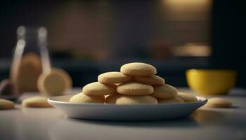 Stapel von hausgemacht Kekse auf hölzern Teller generiert durch ai foto
