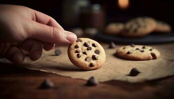 hausgemacht Schokolade Chip Plätzchen auf rustikal Schneiden Tafel generiert durch ai foto