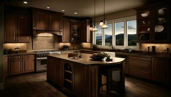 Luxus modern Küche mit rostfrei Stahl Haushaltsgeräte generiert durch ai foto