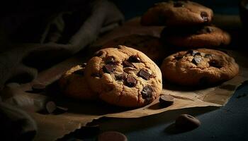nachsichtig hausgemacht Schokolade Chip Kekse auf rustikal Tabelle generiert durch ai foto
