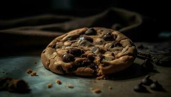 rustikal Schokolade Chip Plätzchen Stapel, bereit zu hingeben generiert durch ai foto