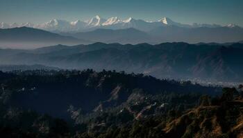 majestätisch Berg Bereich, still Dämmerung, Panorama- Aussicht generiert durch ai foto