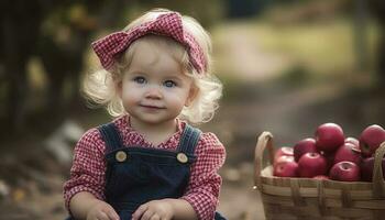 lächelnd Kleinkind halten Korb von frisch Obst generiert durch ai foto