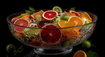 frisch Zitrusfrüchte Früchte im ein Schüssel, Sommer- Freude generiert durch ai foto