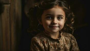 lächelnd kaukasisch Mädchen mit braun lockig Haar generiert durch ai foto