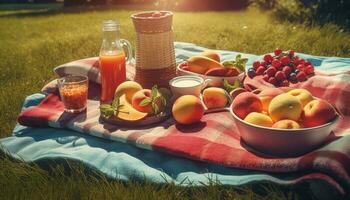 frisch organisch Picknick Mahlzeit auf Grün Wiese generiert durch ai foto