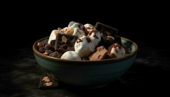 dunkel Schokolade Ball auf hausgemacht Mandel Eis Sahne generiert durch ai foto