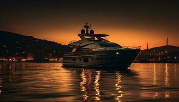 Luxus Yacht Segel in still Sonnenuntergang Wasser generiert durch ai foto
