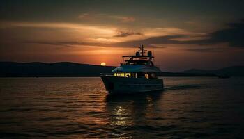 Sonne geküsst Yacht Segel still Meere beim Dämmerung generiert durch ai foto