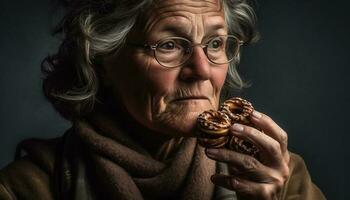 einer Frau halten Schokolade Nachtisch, lächelnd glücklich generiert durch ai foto
