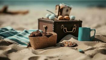 Süss Snacks und Getränke auf ein Strand Ferien generiert durch ai foto