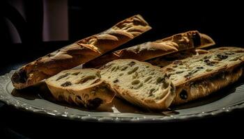 frisch gebacken Ciabatta und Stangenbrot auf rustikal Tabelle generiert durch ai foto