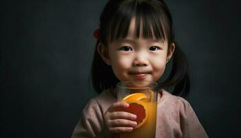 lächelnd Mädchen halten frisch Orange trinken, rein Freude generiert durch ai foto