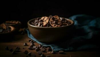 dunkel Schokolade Dessert auf hölzern Tisch, Gourmet Genuss generiert durch ai foto