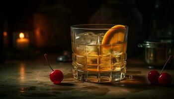 Whiskey Cocktail auf Holz Tisch, Zitrusfrüchte Frische generiert durch ai foto