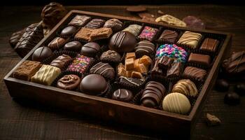 Fülle von Schokolade Trüffel im rustikal Container generiert durch ai foto