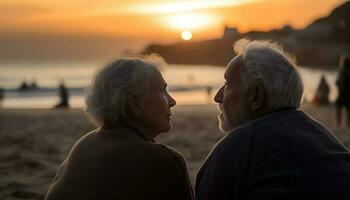 Senior Paar umarmt Liebe im das Sonne generiert durch ai foto