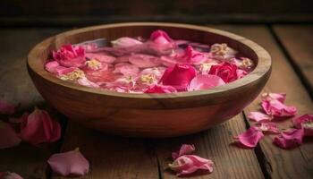 frisch Rosa Blütenblätter im hölzern Schüssel, Aromatherapie Entspannung generiert durch ai foto