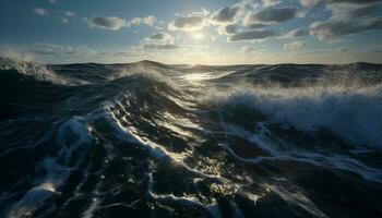 Sonne geküsst Wellen Spritzen auf still Sand Ufer generiert durch ai foto