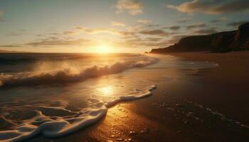 Sonnenaufgang Über still Gewässer, Horizont glühen mit Schönheit generiert durch ai foto