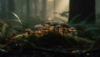 frisch fliegen Agaric Pilz auf Wald Ast generiert durch ai foto