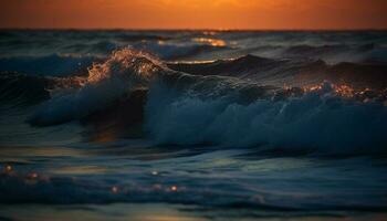 Sonnenaufgang Über still Meereslandschaft, Wellen brechen idyllisch generiert durch ai foto