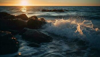 Sonne Betrachtung auf Wasser, Wellen abstürzen auf Felsen generiert durch ai foto