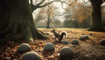 spielerisch Kätzchen versteckt sich im Herbst Baum Geäst generiert durch ai foto