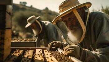 Senior Imker im schützend Arbeitskleidung Ernte Honig generiert durch ai foto